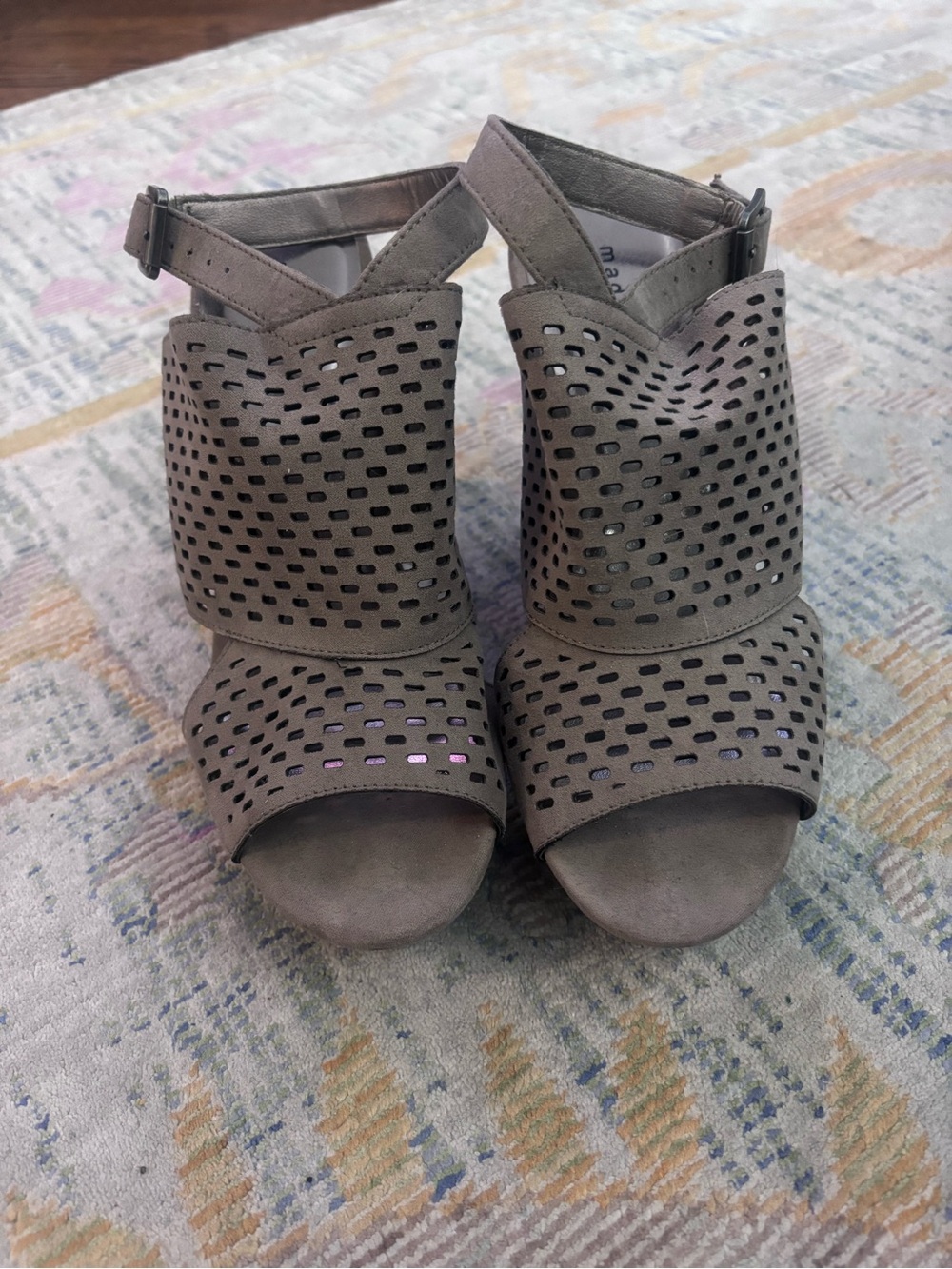 Madden Girl Women's Taupe Laser-Cut Peep Toe Slingback Wedge Heels